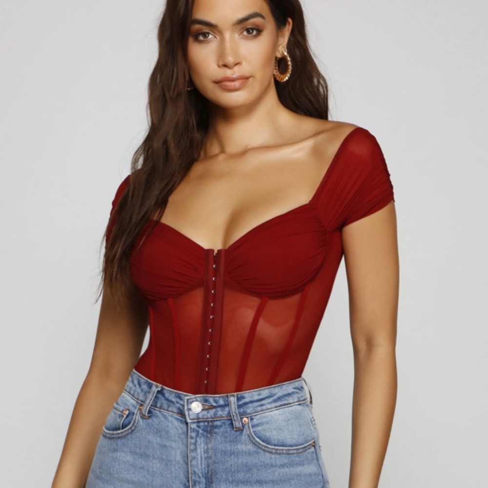 Maroon mesh corset bodysuit